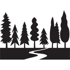 Obraz premium Serene Black Silhouette Forest Trees with Winding Path on White Background. 