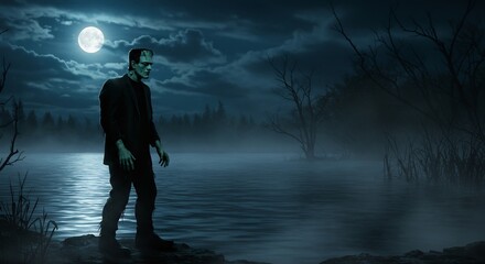 Frankensteins monster stands somber by a misty lake under a full moon Dark trees silhouette the backdrop