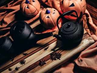 Halloween celebration with children costumes pumpkins and spooky decorations at night