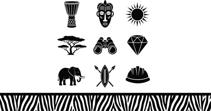 African safari elements black and white vector illustration