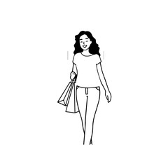 Black and white line art of a beautiful happy woman carrying shopping bags minimalist cheerful illustration