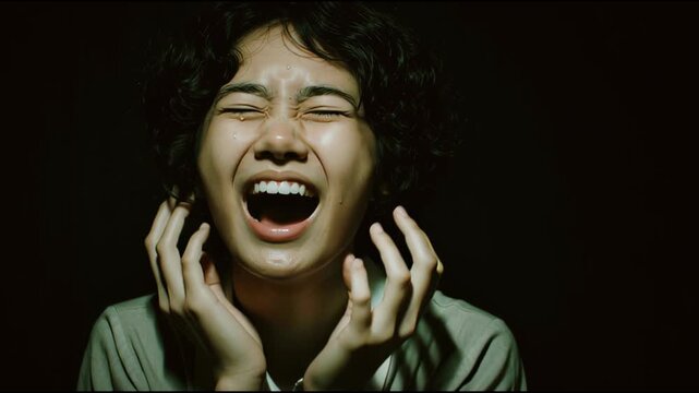 Dramatic Portrait of a Womans Emotional Turmoil and Release.