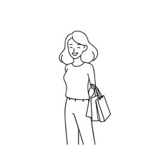 Black and white line art of a beautiful happy woman carrying shopping bags minimalist cheerful illustration
