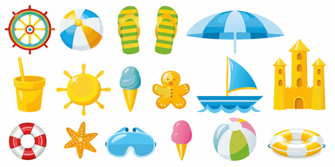 Collection of colorful beach and summer vacation icons and symbols
