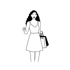 Black and white line art of a beautiful happy woman carrying shopping bags minimalist cheerful illustration
