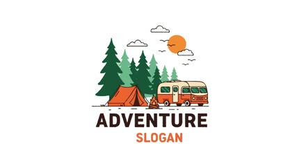 Vintage adventure logo design, minimalist illustration of pine forest, camping tent, camper van, campfire, and sun with flying birds