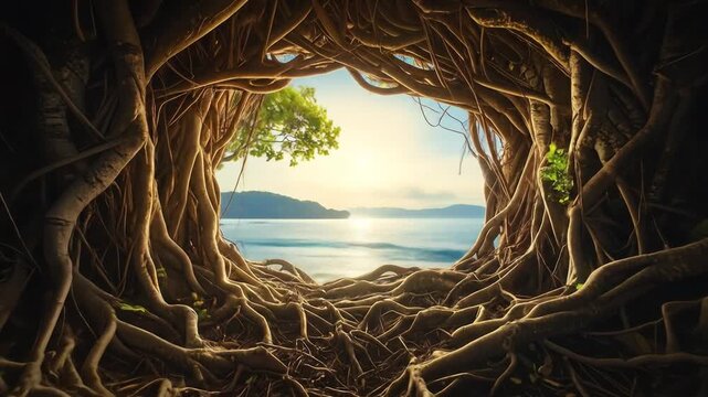 Mystical Roots Tunnel to Ocean View - A Natural Portal.