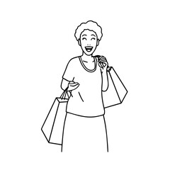 Black and white line art of a beautiful happy woman carrying shopping bags minimalist cheerful illustration