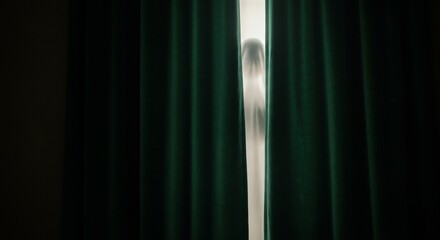 A ghostly figure peers from behind green curtains creating a spooky dramatic scene