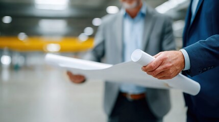 Professionals Reviewing Architectural Plans in Modern Office Space