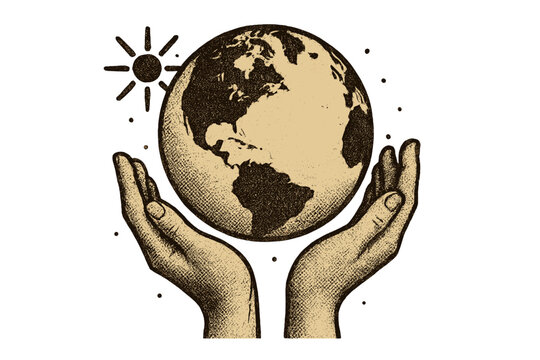 Vintage halftone Earth Day illustration with human hands supporting planet Earth, environmental protection concept, nature care, global sustainability, April 22 celebration