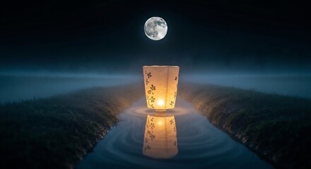 A lit lantern floats on water mirroring below Above a full moon shines against a dark sky