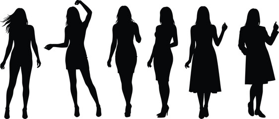 Silhouette women fashion poses, stylish female figures, elegant standing models, diverse outfits illustration, modern character design, casual and formal attire, artistic vector art