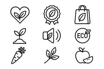 Vegan and organic web icons in thin line style. Eco, healthy food badges. Vector illustration collection of bio, natural, plant based symbols for packaging and labels.
