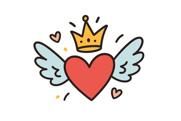 Vector romantic love sticker. Winged heart with a crown. King or queen of my heart concept. Cute cartoon doodle style. Flat illustration for valentine's day, patch or print.