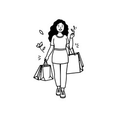 Black and white line art of a beautiful happy woman carrying shopping bags minimalist cheerful illustration