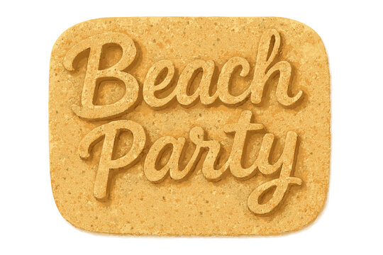 Beach party lettering in realistic sand. Summer time vacation and holiday concept. 3D letters with sand texture for banner, poster, or logo. Seaside weekend travel design.