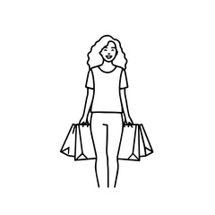 Black and white line art of a beautiful happy woman carrying shopping bags minimalist cheerful illustration
