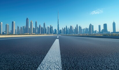 Empty highway with white lines leading to futuristic city skyline against blue sky background, symbolizing modern travel and urban exploration concepts