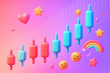 Colorful 3D-style candlestick chart with emojis, stars, and rainbows on a soft gradient light background representing creative business growth concept. Ai generative