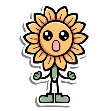 A cute cartoon sunflower character with an expressive face, big shiny eyes, and tiny green boots. Perfect for stickers, kids designs, greeting cards, and creative decorative projects.