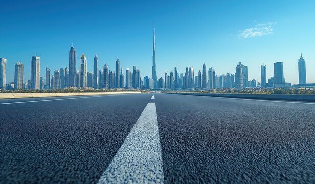 Empty highway with white lines leading to futuristic city skyline against blue sky background, symbolizing modern travel and urban exploration concepts