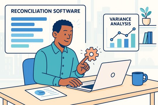 Business professional using reconciliation software and variance analysis tools on laptop in creative office setting with abstract light background. Ai generative