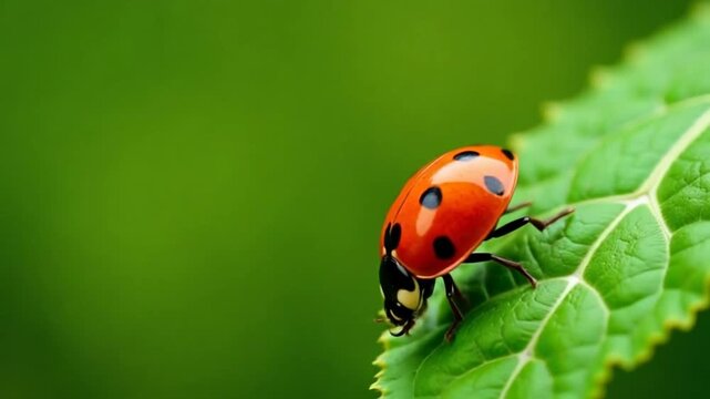 Watch a ladybug explore a vibrant green leaf, showcasing nature's delicate beauty and the magic of the outdoors in a captivating video sequence