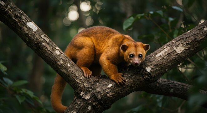 A Stunning Kinkajou in its Natural Habitat:  A Vibrant Orange Mammal in the Lush Green Tropical Rainforest Canopy