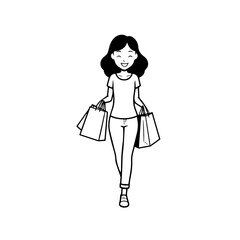 Black and white line art of a beautiful happy woman carrying shopping bags minimalist cheerful illustration