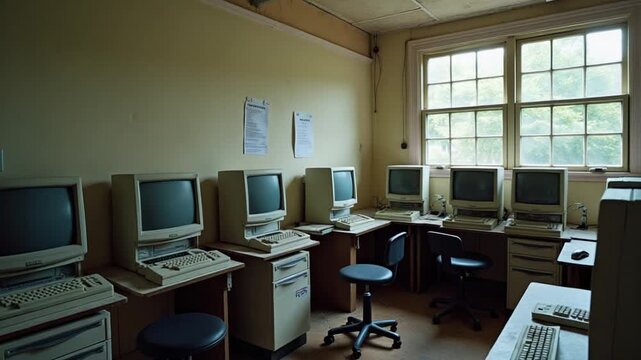 Old computers from the 80s in an abandoned computing center