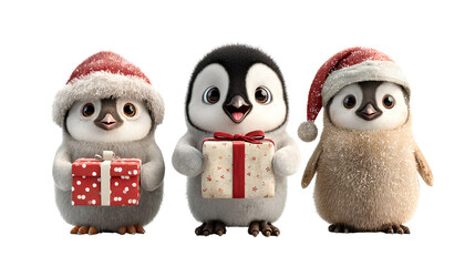 Obraz premium Penguin Bundle Wearing Christmas Hats and Holding Gifts in Cute, Cartoon, and Realistic Styles isolated on transparent background