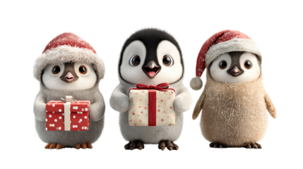Penguin Bundle Wearing Christmas Hats and Holding Gifts in Cute, Cartoon, and Realistic Styles isolated on transparent background