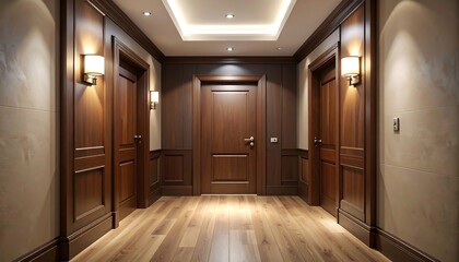 Elegant hallway with hardwood floor, paneled walls, and dark wood doors