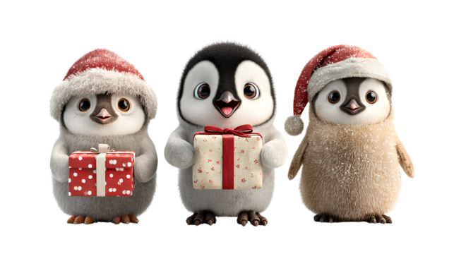 Penguin Bundle Wearing Christmas Hats and Holding Gifts in Cute, Cartoon, and Realistic Styles isolated on transparent background