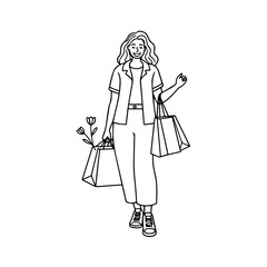 Black and white line art of a beautiful happy woman carrying shopping bags minimalist cheerful illustration