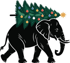 Christmas elephant with tree silhouette vector