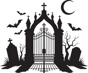 Halloween graveyard gate silhouette vector design