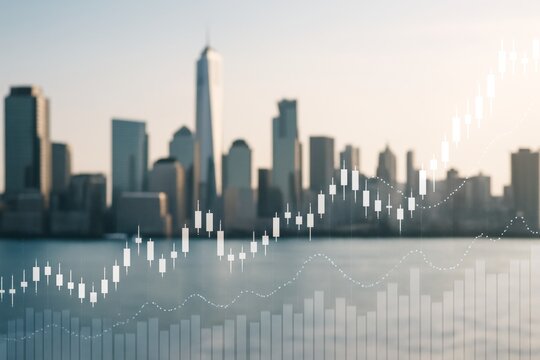 Abstract financial chart overlay on city skyline with soft light background illustrating stock market growth and business investment concept. Ai generative