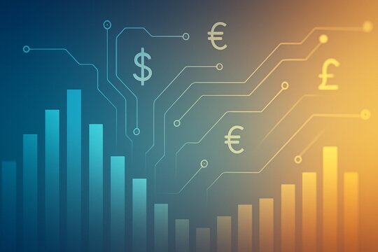Abstract financial growth chart with currency symbols on futuristic gradient background illustrating digital economy and business concept light effects. Ai generative - Powered by Adobe