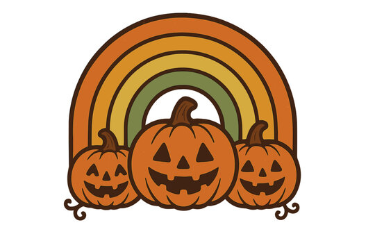 Retro Halloween pumpkins with rainbow arch, vintage 60s and 70s style spooky jack-o'-lantern trio, Halloween greeting card design for October 31st celebration, isolated vector