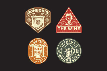 hops signboard, wine glass, beer menu, foamy beer mug retro badge logo design set for for brewing factory, brewery industrial, pub, bar, cafes, beverage, restaurant. Vector Illustration