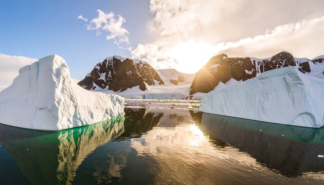 Antarctic landscape icebergs, mountains, sunset reflection