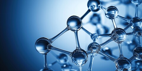 Close-up of clear glass-like molecules in energy system on blue background with copy space, representing scientific concepts in physics and chemistry