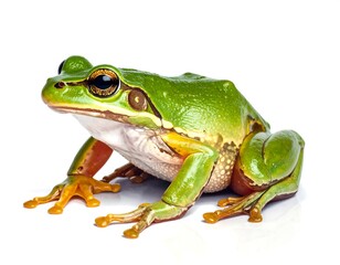 Obraz premium A vibrant green frog with orange accents is isolated on a white background.