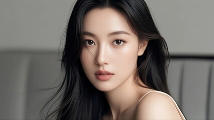 Naklejka premium Beautiful Korean female model, Korean model's clear skin, Korean cosmetics model, close-up