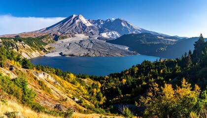 Fototapeta premium Panoramic view of a volcano overlooking a serene lake with autumn colors