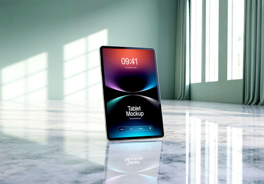 Tablet Mockup Standing on Reflective Floor