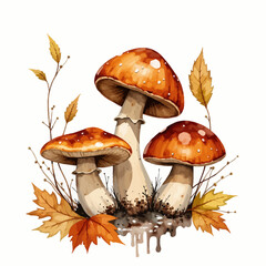 Illustration of three vibrant orange mushrooms surrounded by autumn leaves and foliage, capturing the essence of a forest scene in full seasonal splendor