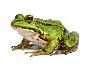 Obraz premium A vibrant green frog sits against a stark white background, showcasing its detailed texture and striking eyes.
